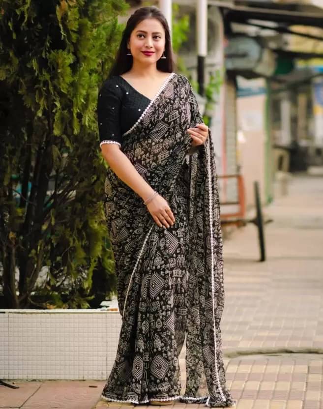     			Suali Georgette Printed Saree With Unstitched Blouse Piece ( Black )
