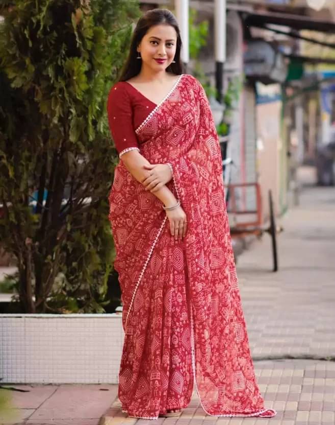     			Suali Georgette Printed Saree With Unstitched Blouse Piece ( Red )