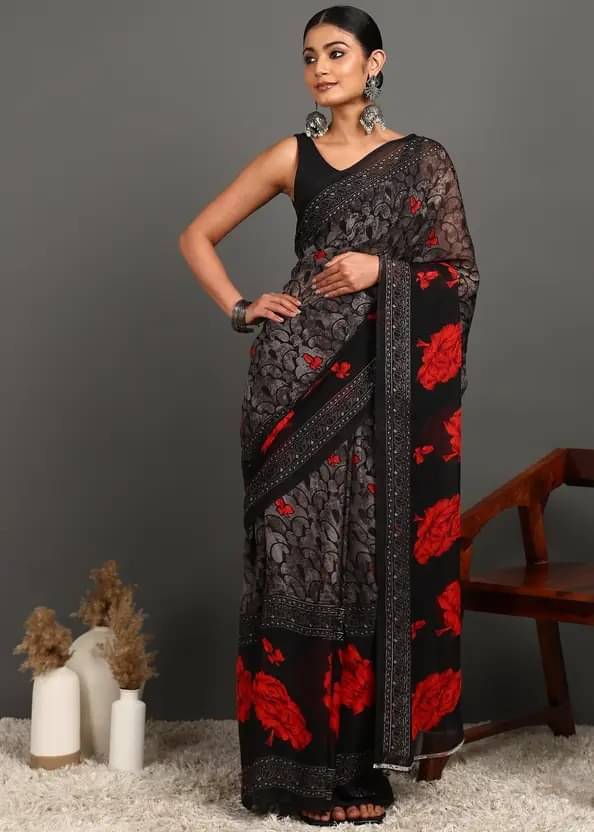 Suali Georgette Printed Saree With Unstitched Blouse Piece ( Black ) Suali Georgette Printed Saree With Unstitched Blouse Piece ( Black )