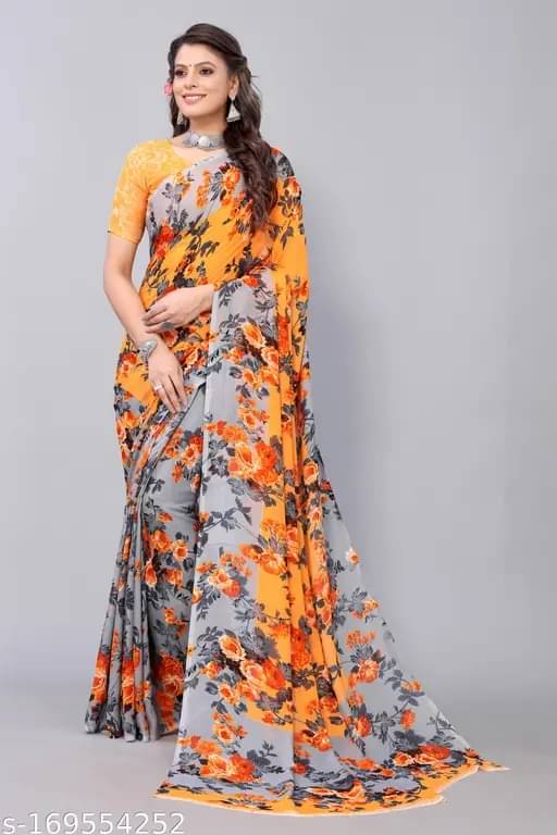     			Suali Georgette Printed Saree With Unstitched Blouse Piece ( Yellow )