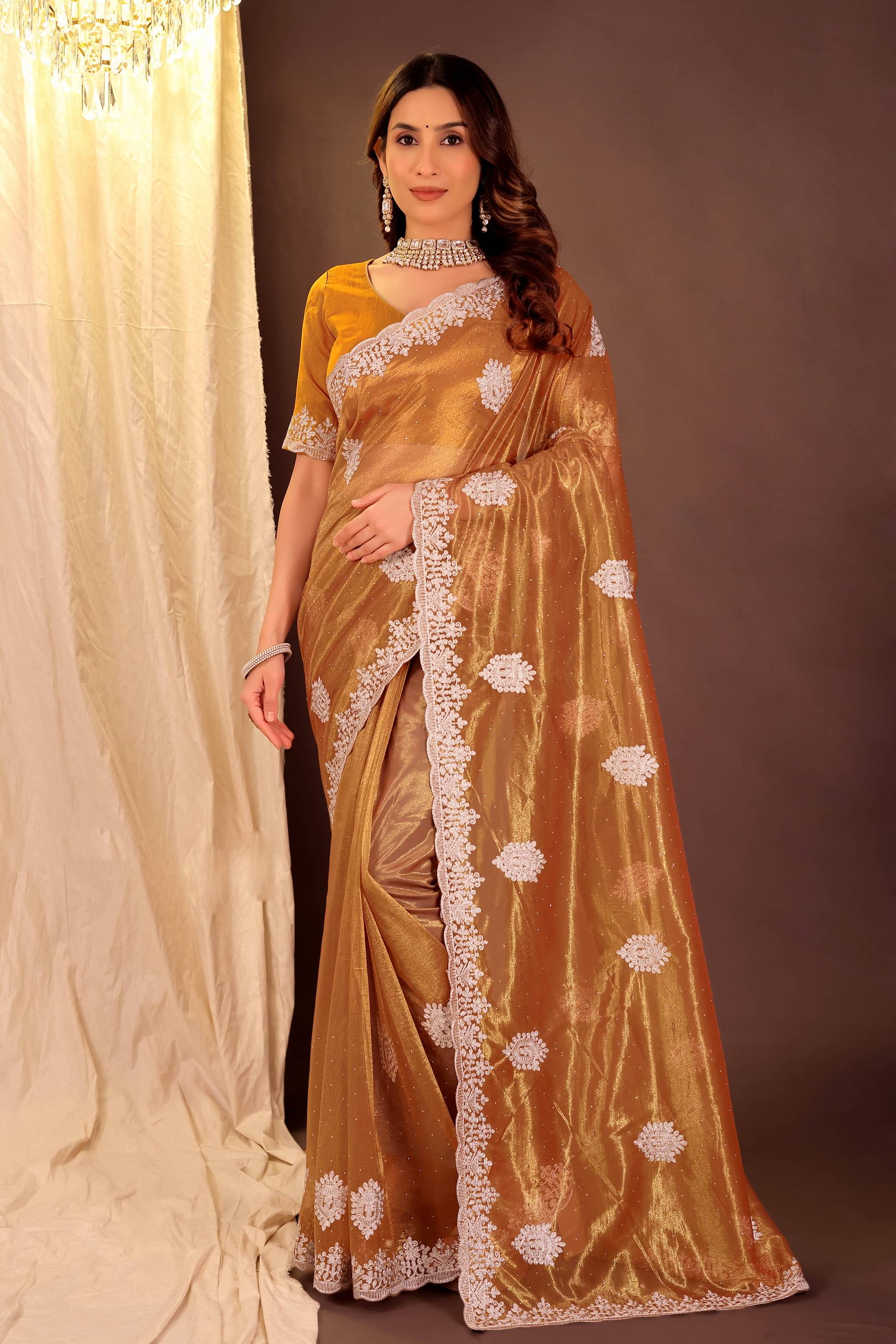     			Suali Organza Embellished Saree With Unstitched Blouse Piece ( Mustard )