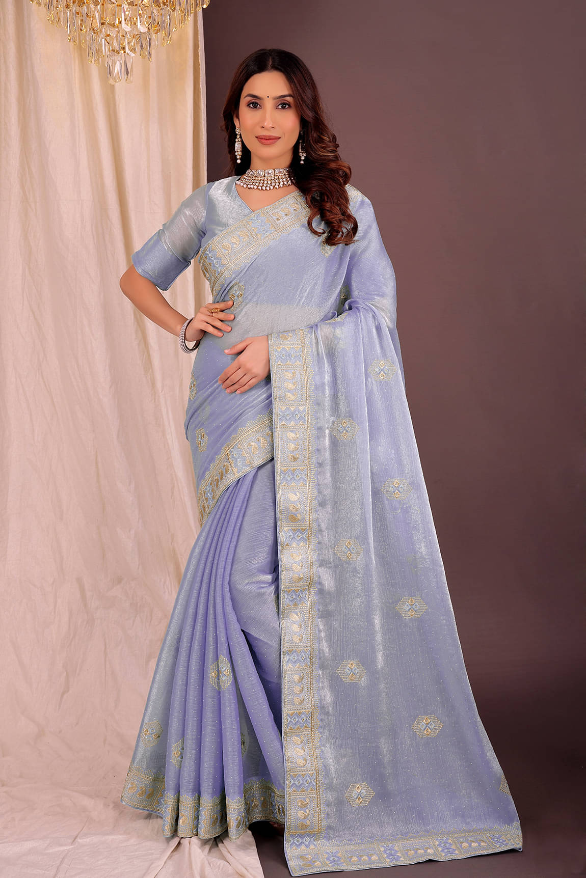 Suali Organza Embellished Saree With Unstitched Blouse Piece ( Lavender ) Suali Organza Embellished Saree With Unstitched Blouse Piece ( Lavender )