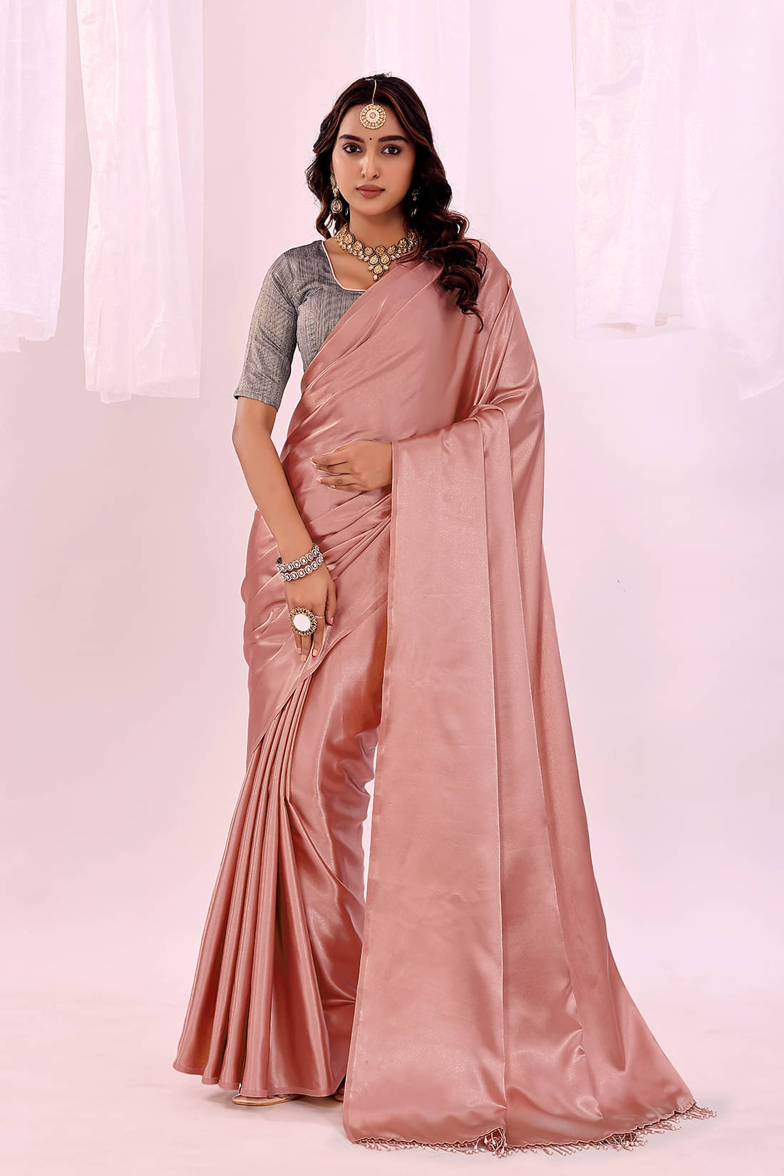     			Suali Satin Solid Saree With Unstitched Blouse Piece ( Peach )