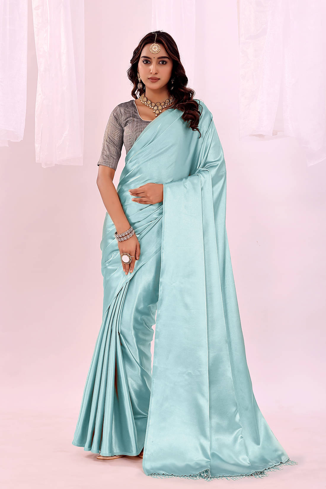 Suali Satin Solid Saree With Unstitched Blouse Piece ( Blue ) Suali Satin Solid Saree With Unstitched Blouse Piece ( Blue )