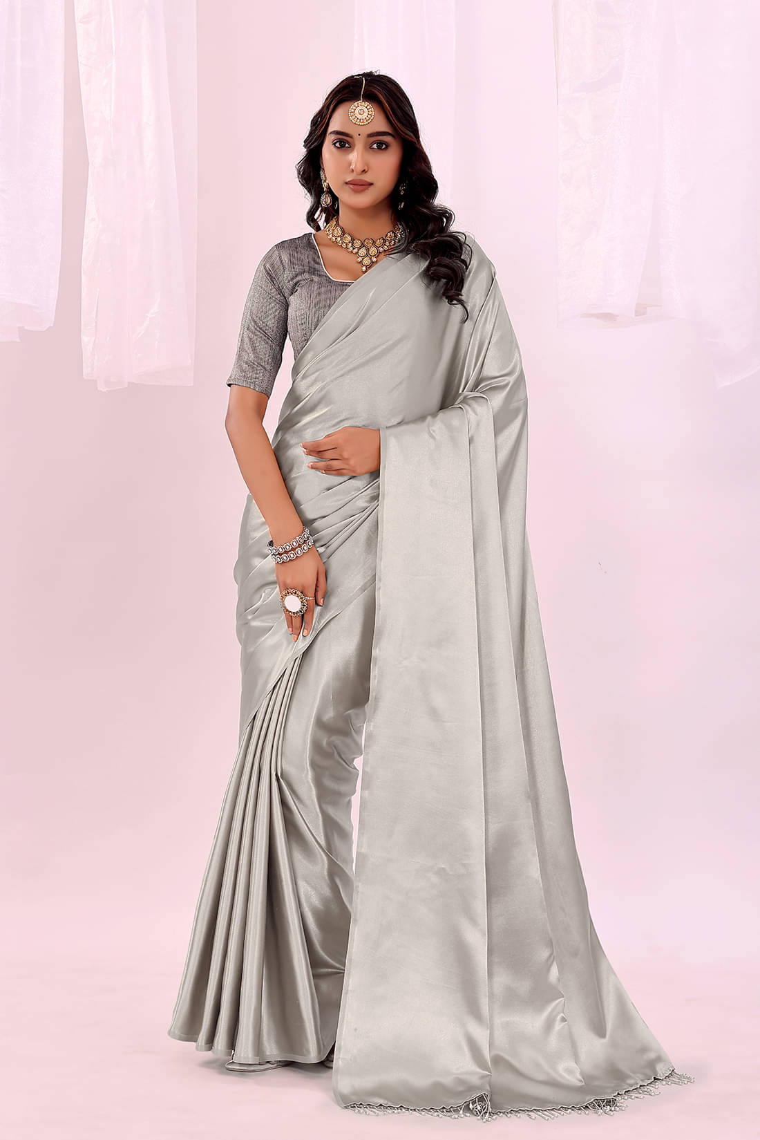     			Suali Satin Solid Saree With Unstitched Blouse Piece ( Grey )