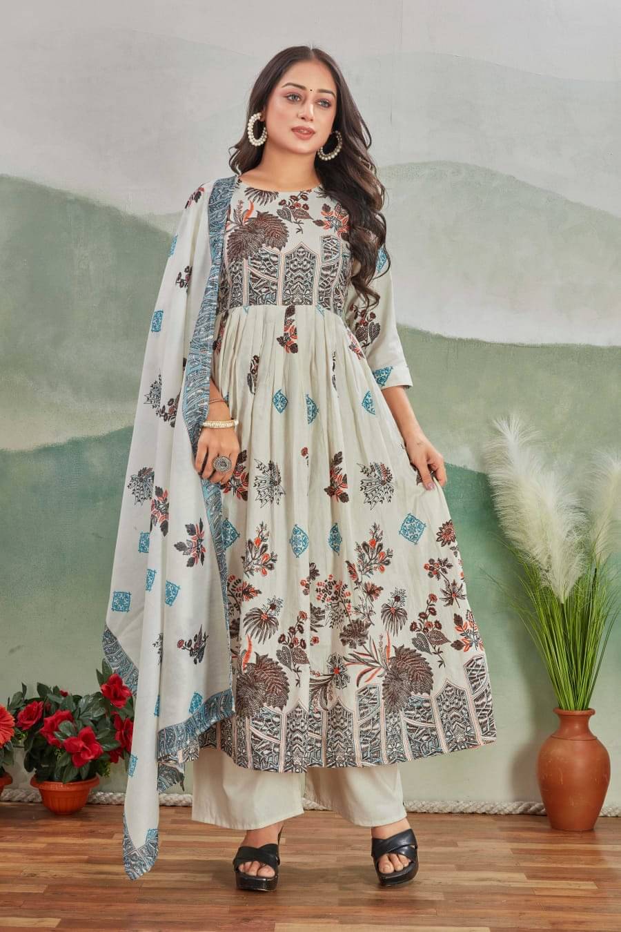     			Topshop Fashion Women Cotton Printed Anarkali Kurti With Palazzo ( White )
