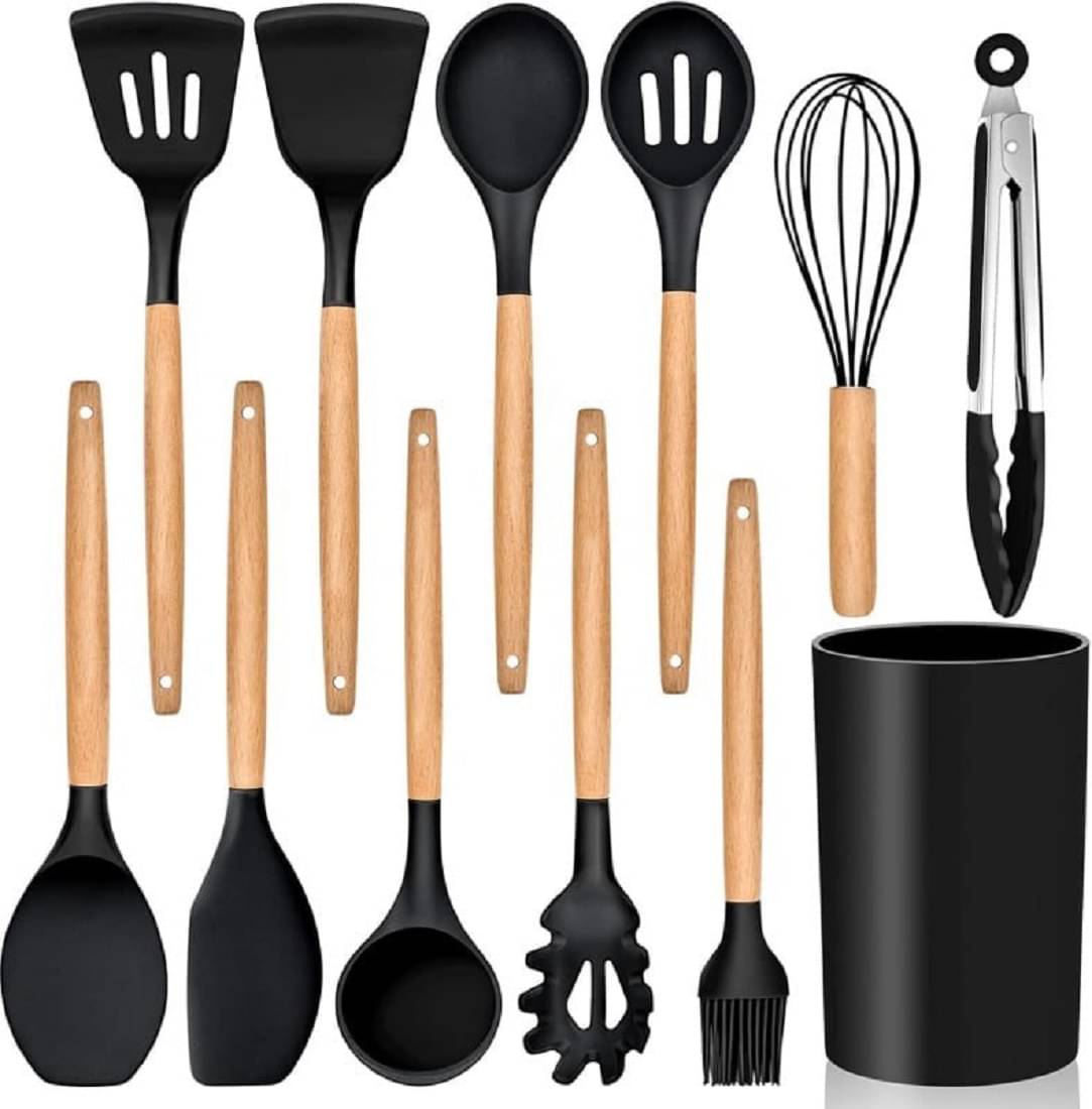 VBE Silicone Spatula Set 12 pcs Non-Stick Spatula Set with Wooden Handle for Cooking Baking and Mixing Non Stick Cookware Spatula Set with Holder - BLACK AND GREEN COLOR VBE Silicone Spatula Set 12 pcs Non-Stick Spatula Set with Wooden Handle for Cooking Baking and Mixing Non Stick Cookware Spatula Set with Holder - BLACK AND GREEN COLOR