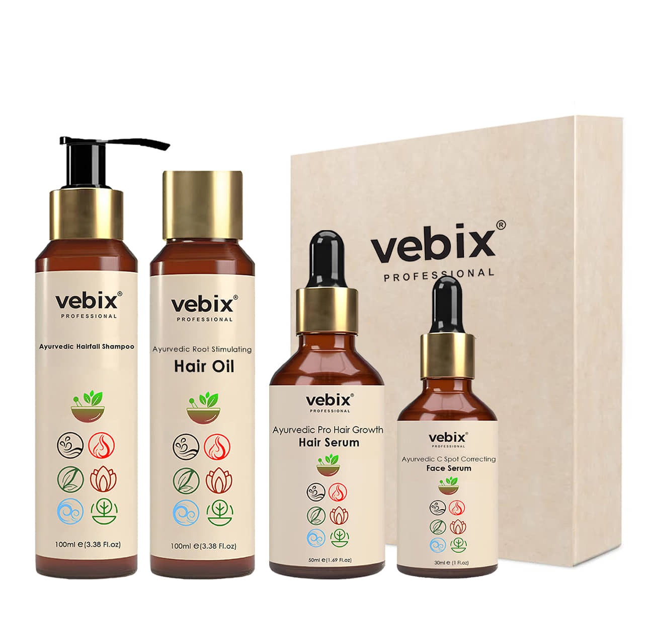 Vebix Professional Customised HairCare Set - Ayurvedic 4 Products Kit -For All Hair- Anti HairFall Oil Neem + Lotus AntiHairfall Shampoo + Hair Growth Serum &  Face Glowing Serum