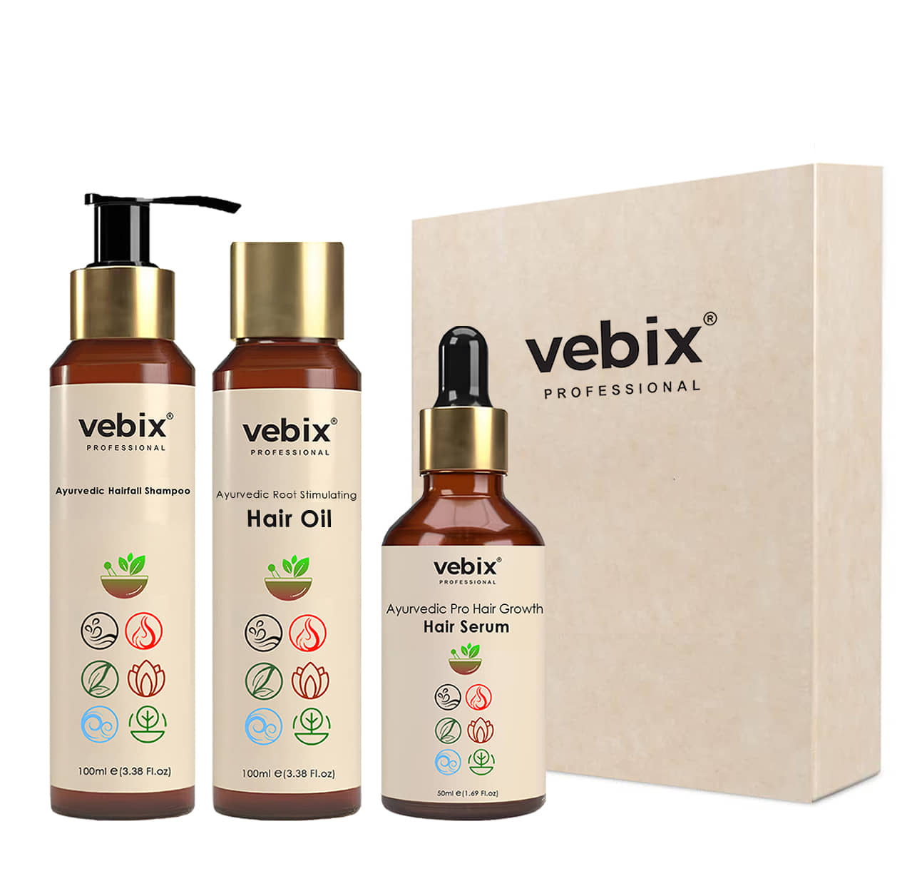 VebixProfessional HairCare Regimen -Ayurvedic 3 Products Vedix Kit -For All Hair - Lotus AntiHairfall Shampoo + Anti HairFall Neem Oil & Hair Growth Serum