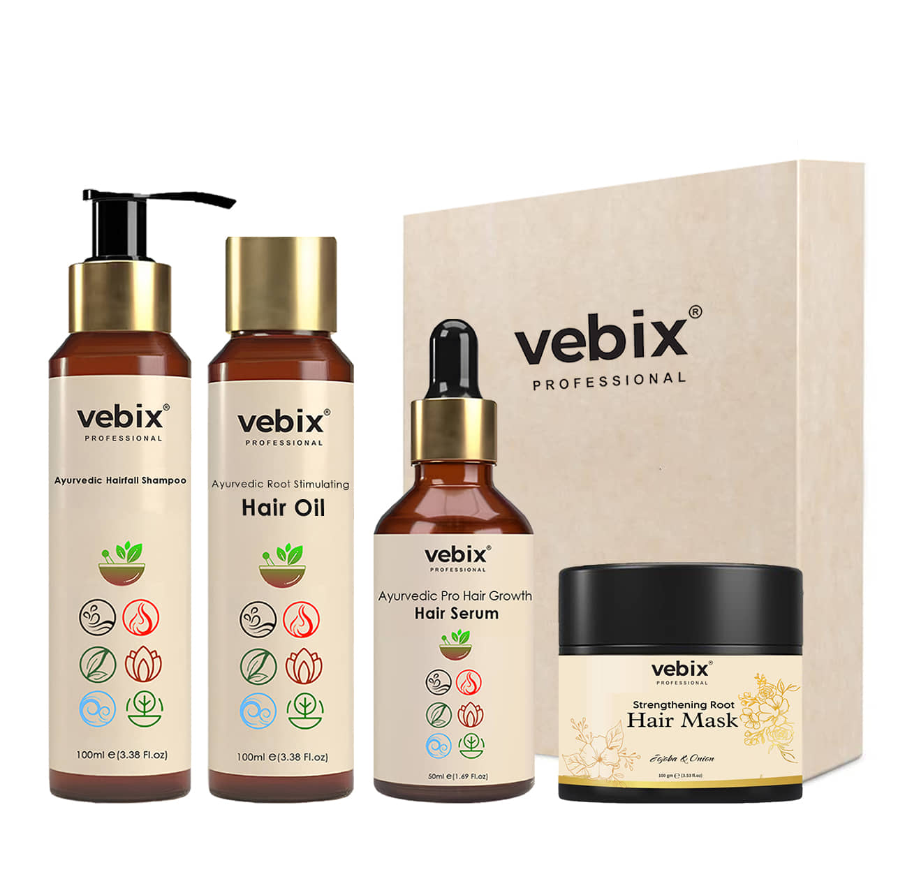 VebixProfessional HairCare Regimen -Ayurvedic 4 Product Vedix Kit -For All Hair - Lotus AntiHairfall Shampoo + Anti HairFall Neem Oil + Hair Keratin Mask & Hair Growth Serum