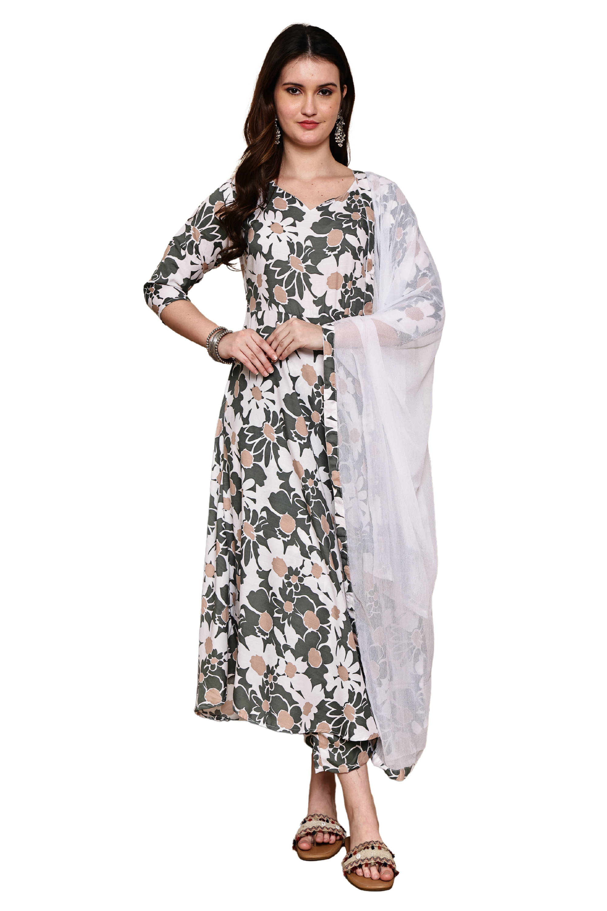 wonder weave Women Cotton Blend Printed A-line Kurti With Pants ( Olive ) wonder weave Women Cotton Blend Printed A-line Kurti With Pants ( Olive )