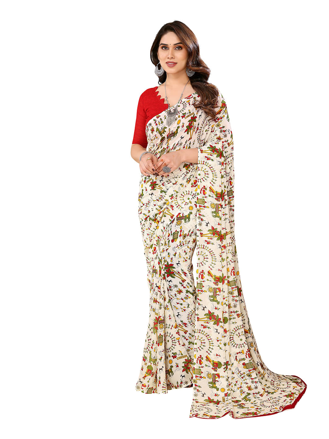 ANAND SAREES Georgette Printed Ilkal Saree With Unstitched Blouse Piece ( White ) ANAND SAREES Georgette Printed Ilkal Saree With Unstitched Blouse Piece ( White )