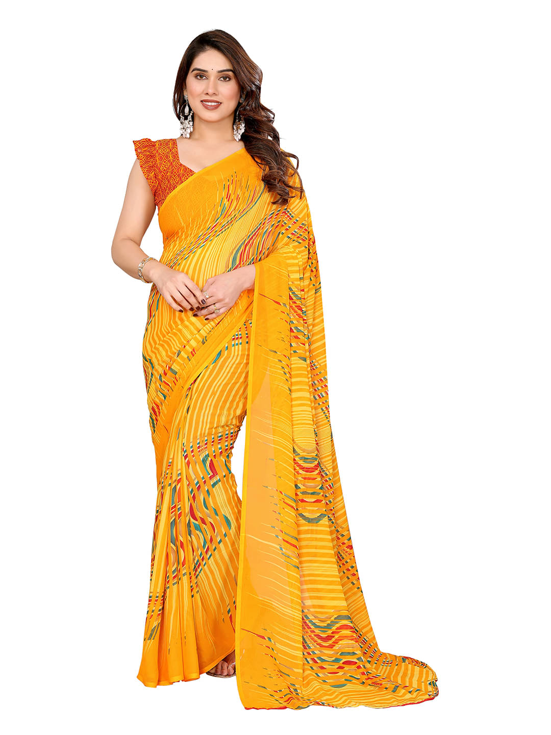 ANAND SAREES Georgette Printed Ilkal Saree With Unstitched Blouse Piece ( Yellow ) ANAND SAREES Georgette Printed Ilkal Saree With Unstitched Blouse Piece ( Yellow )