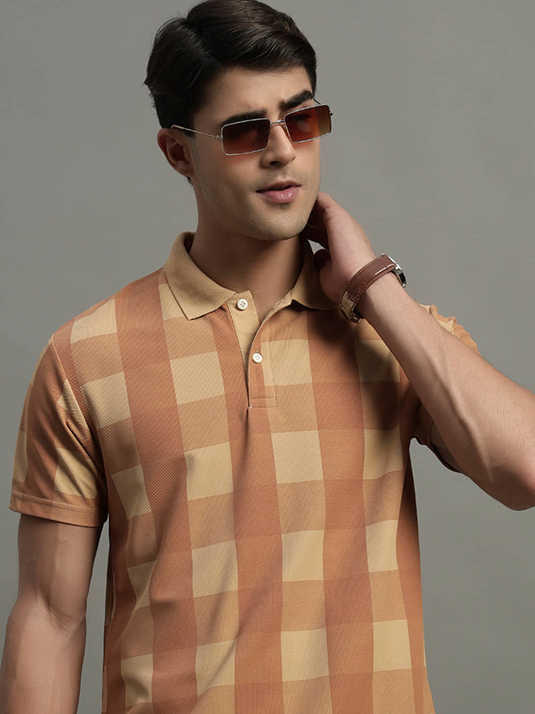 GET GOLF Men Cotton Blend Regular Fit Checks Polo T Shirt ( Beige )