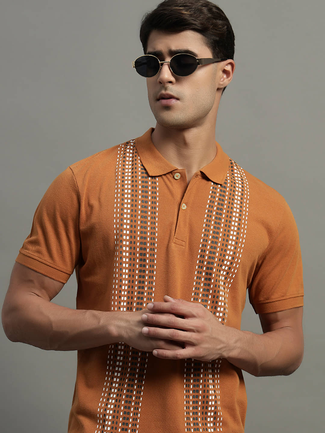 GET GOLF Men Cotton Blend Regular Fit Printed Polo T Shirt ( Brown )