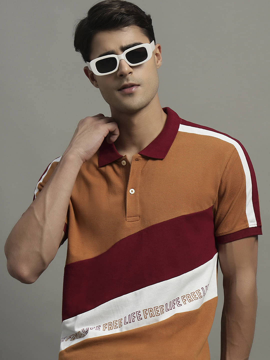     			GET GOLF Men Cotton Blend Regular Fit Colorblock Polo T Shirt ( Brown )