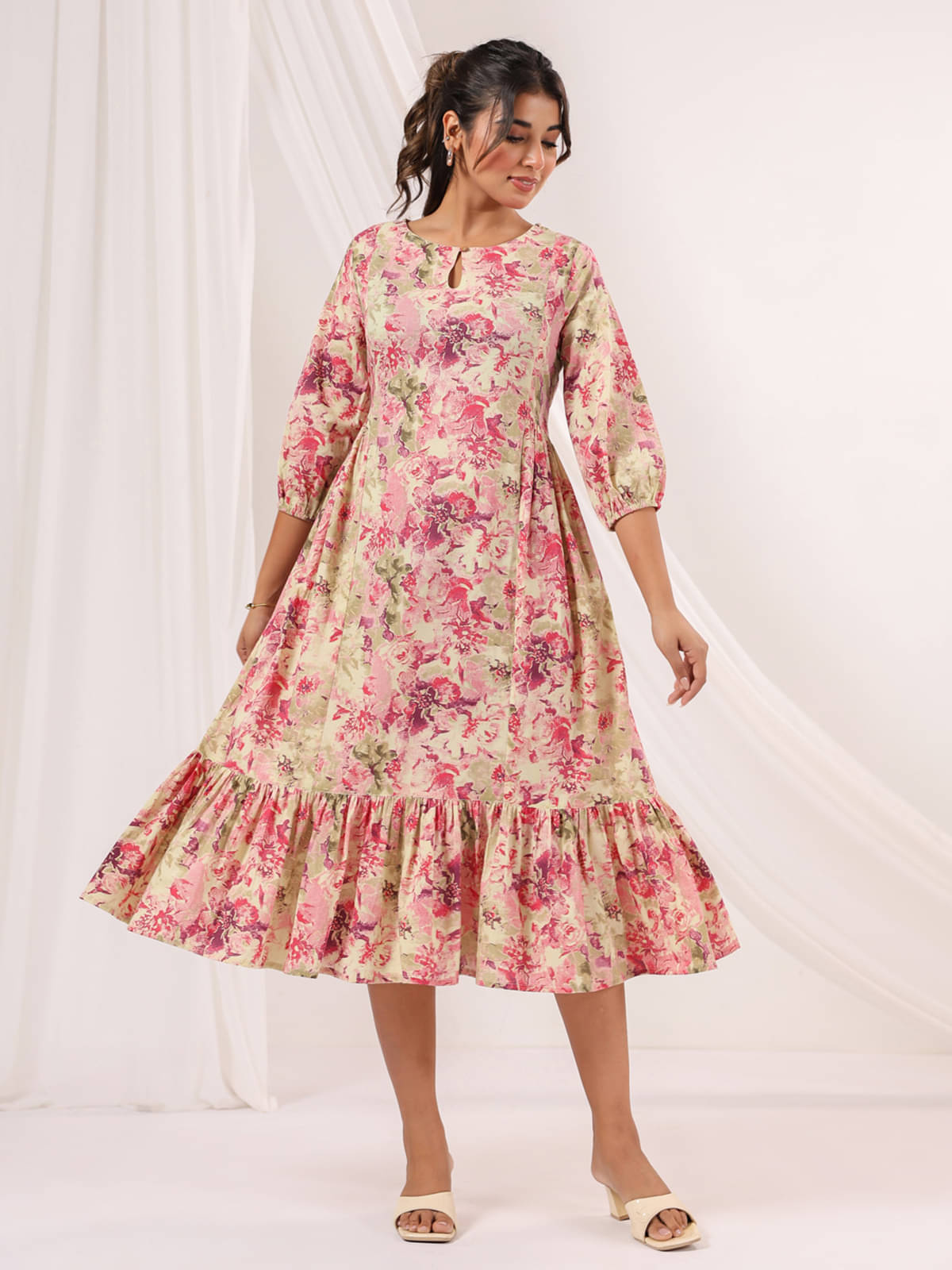     			Janasya Women Cotton Printed A-line Dress ( Pink )