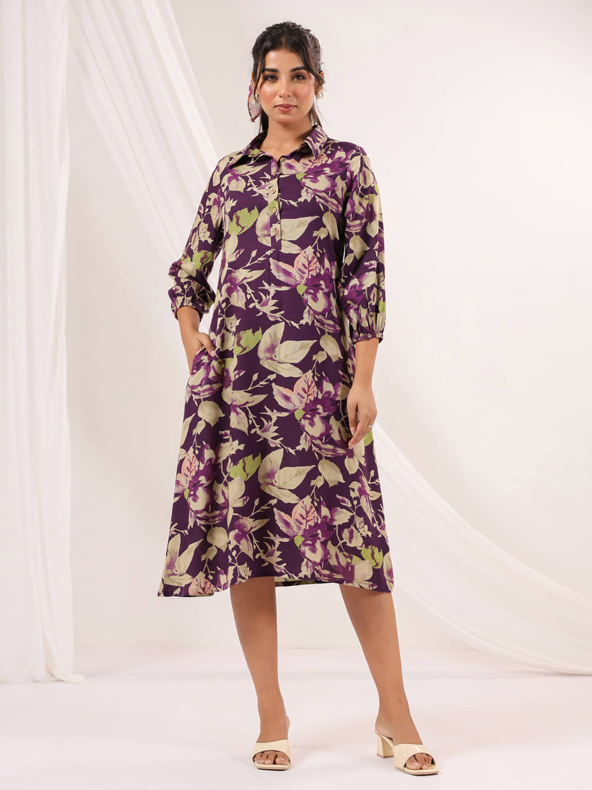 Janasya Women Cotton Printed A-line Dress ( Purple )