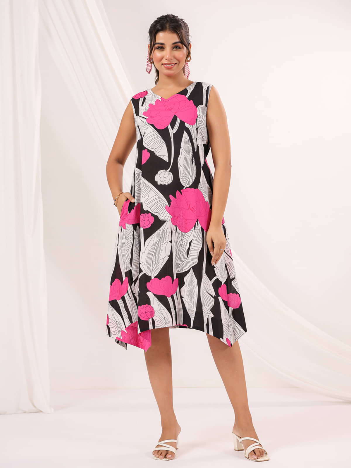 Janasya Women Cotton Printed Asymmetric Dress ( Black )