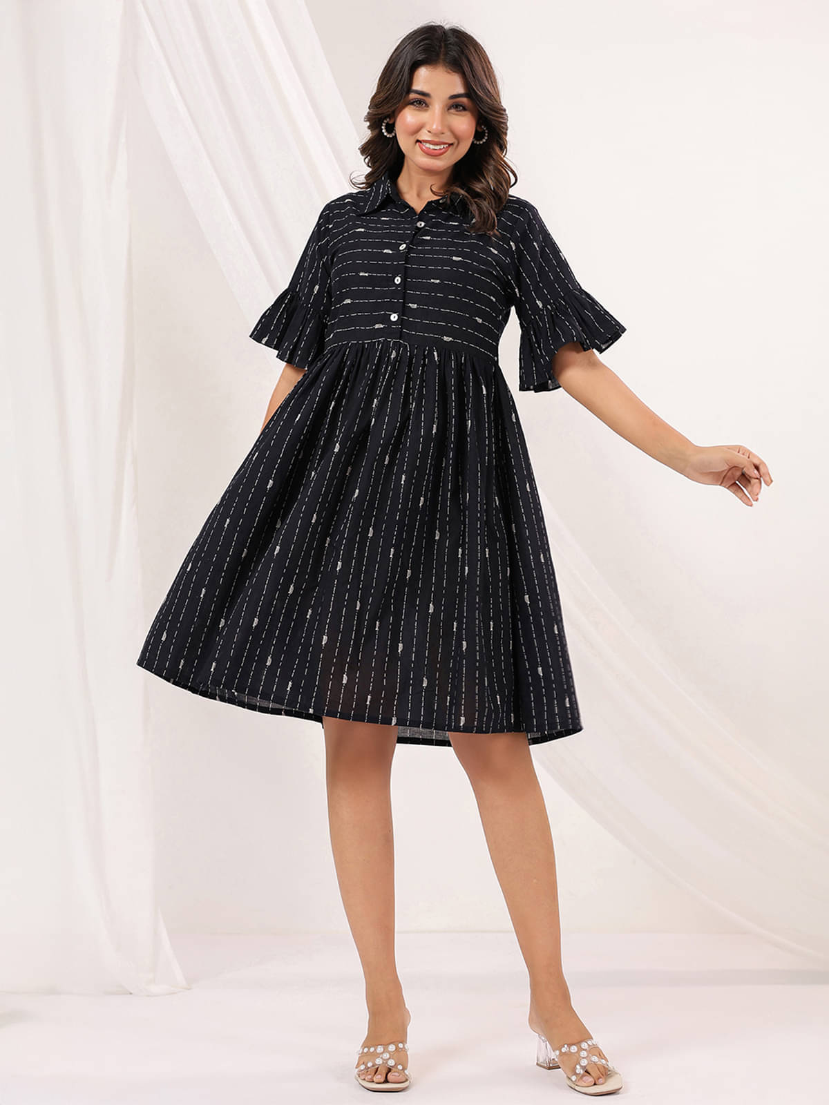     			Janasya Women Cotton Striped A-line Dress ( Black )