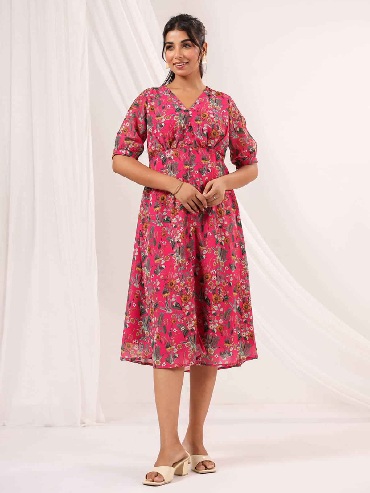     			Janasya Women Georgette Printed A-line Dress ( Pink )