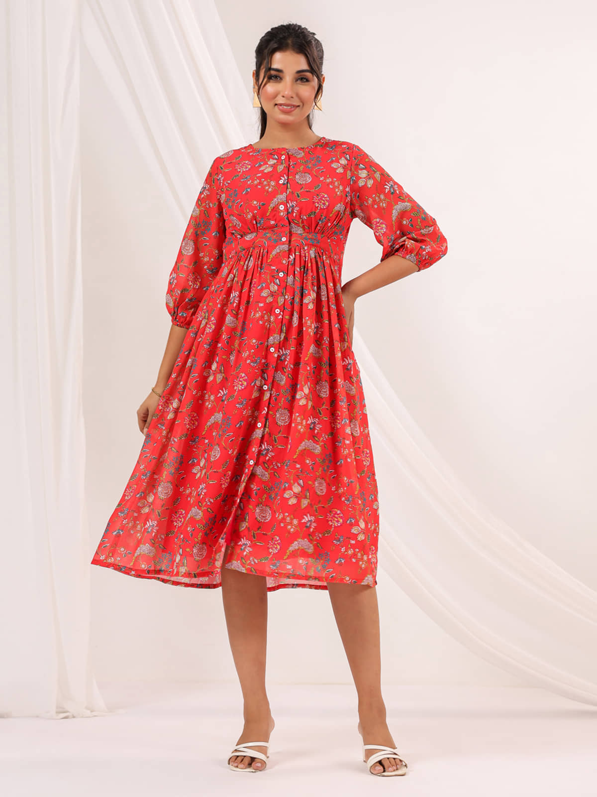 Janasya Women Georgette Printed Fit & Flare Dress ( Red )