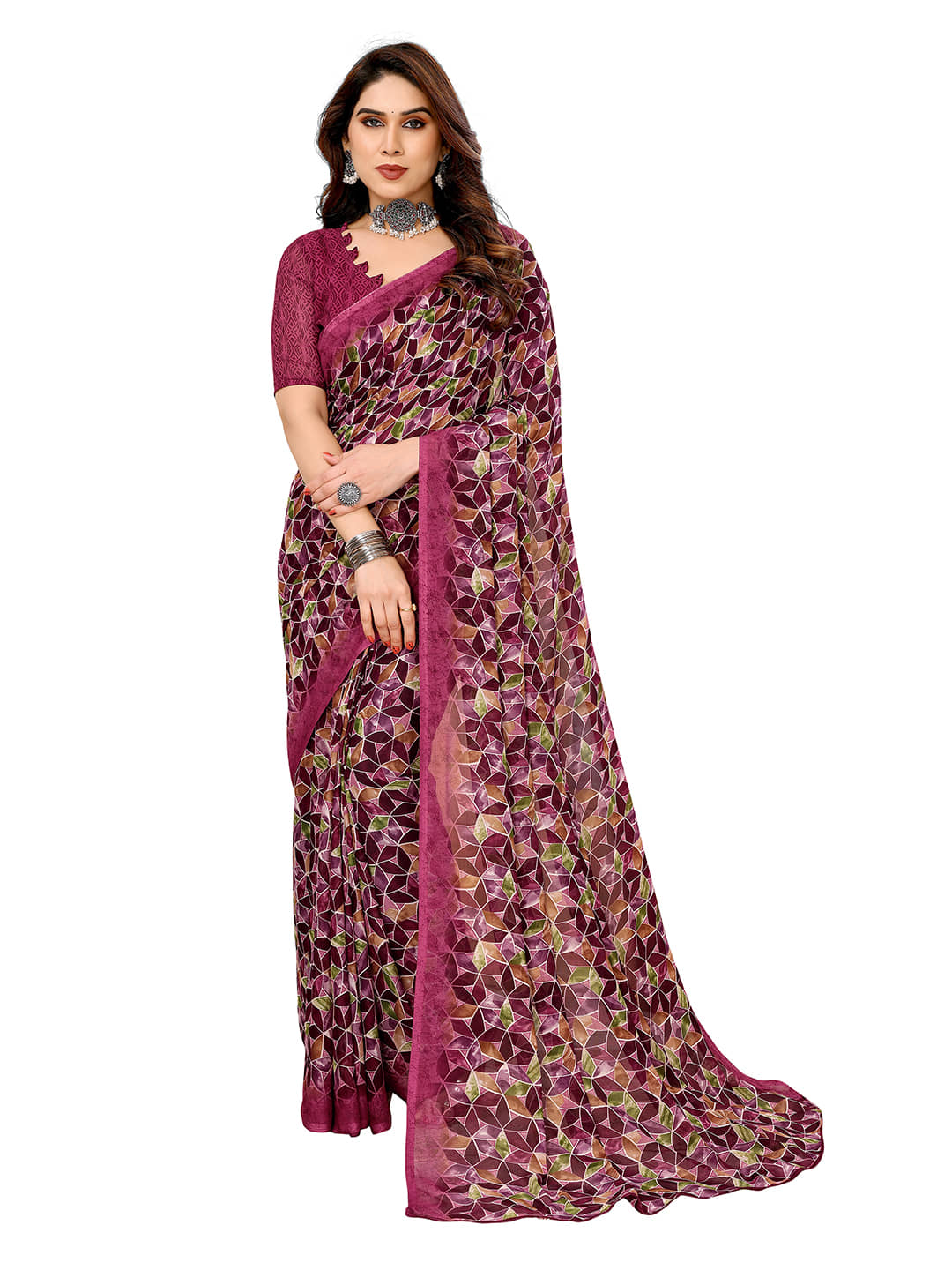 Kashvi Sarees Georgette Printed Ilkal Saree With Unstitched Blouse Piece ( Pink ) - Sarees | Buy online on ZillyBuy
