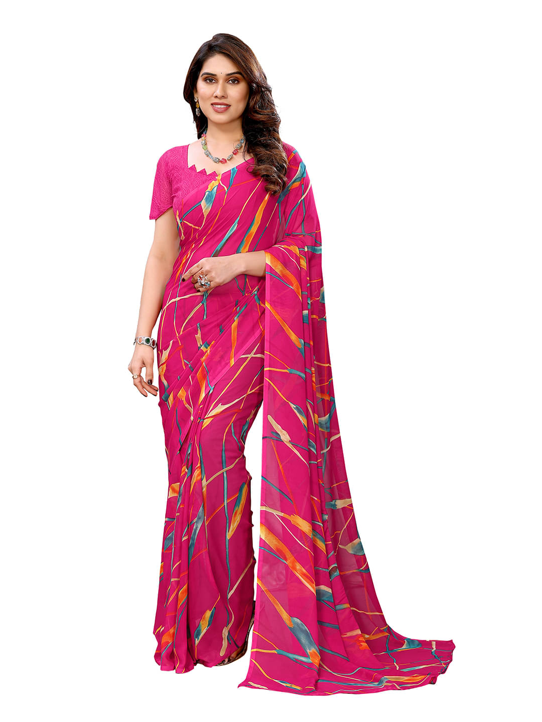     			Kashvi Sarees Georgette Printed Ilkal Saree With Unstitched Blouse Piece ( Pink )