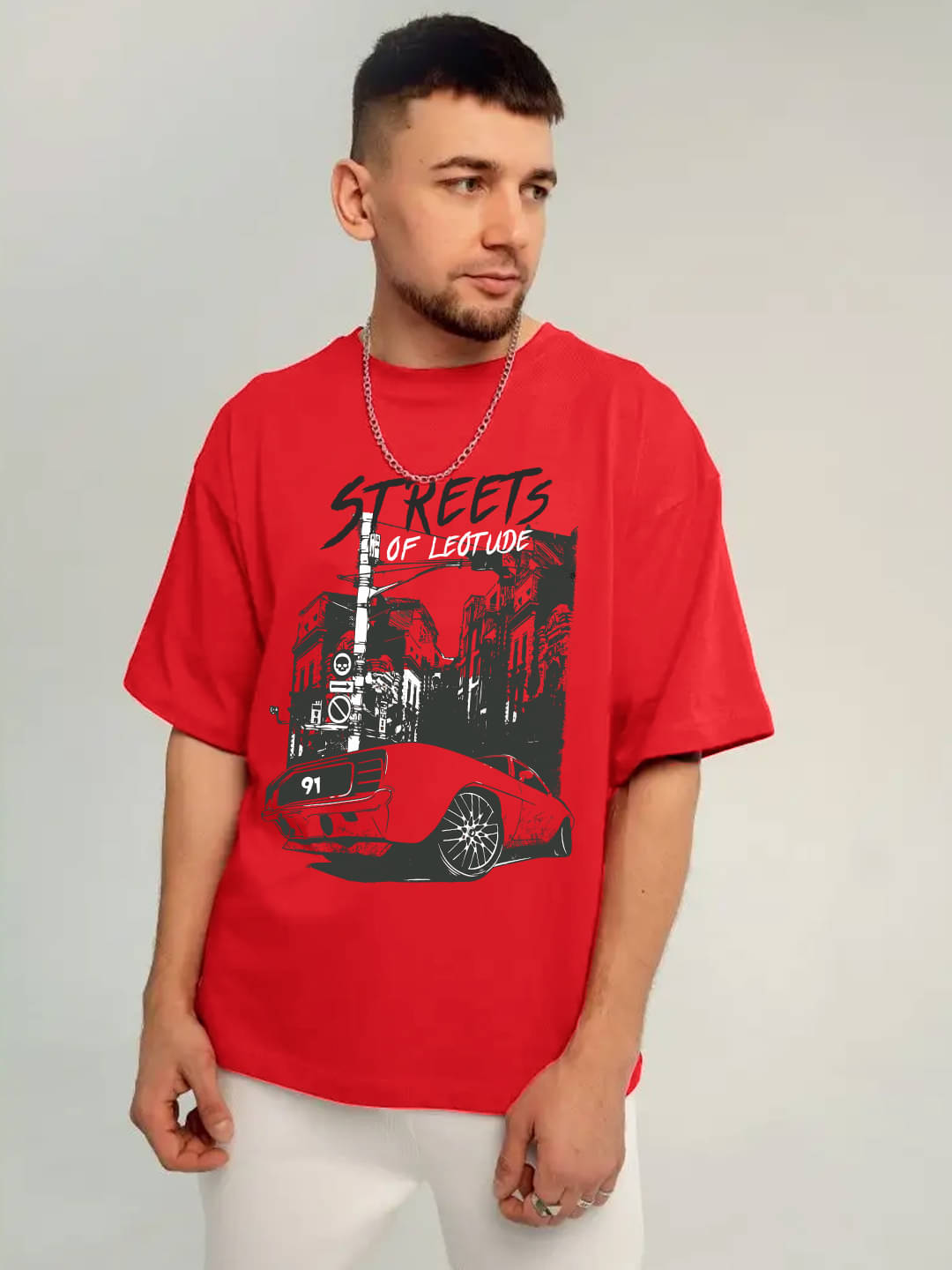 Leotude Men Cotton Blend Oversized Fit Printed T-Shirt ( Red )     			Leotude Men Cotton Blend Oversized Fit Printed T-Shirt ( Red )