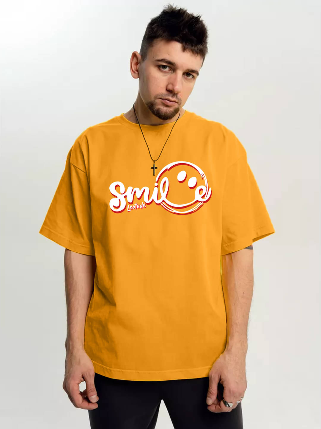 Leotude Men Cotton Blend Oversized Fit Printed T-Shirt ( Mustard )     			Leotude Men Cotton Blend Oversized Fit Printed T-Shirt ( Mustard )