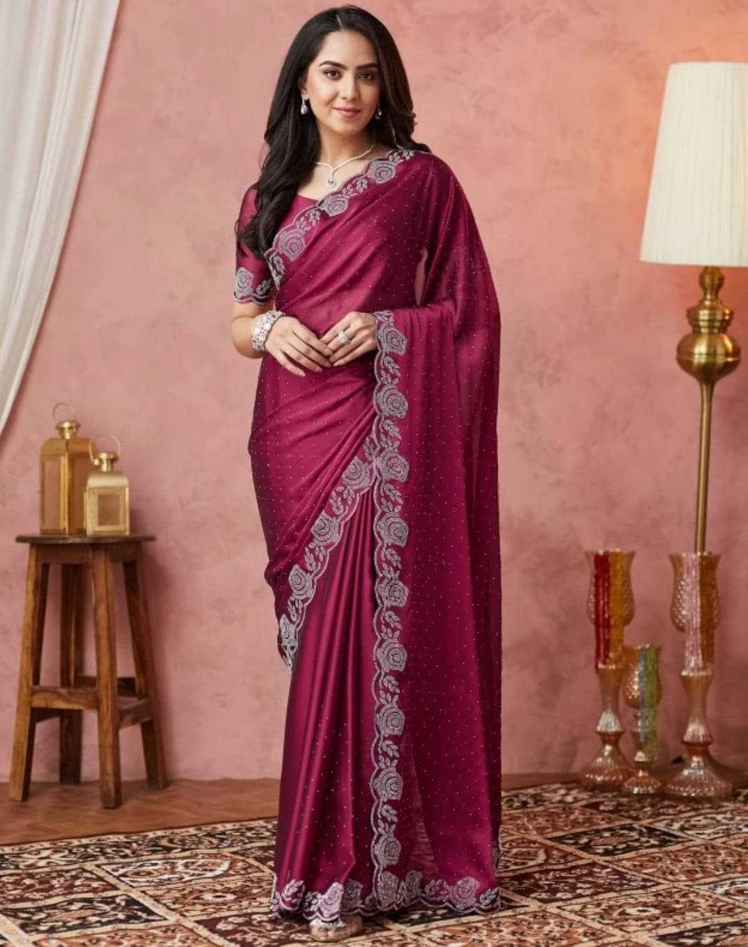     			MAYRAAFASHION Georgette Embellished Saree With Unstitched Blouse Piece ( Maroon )