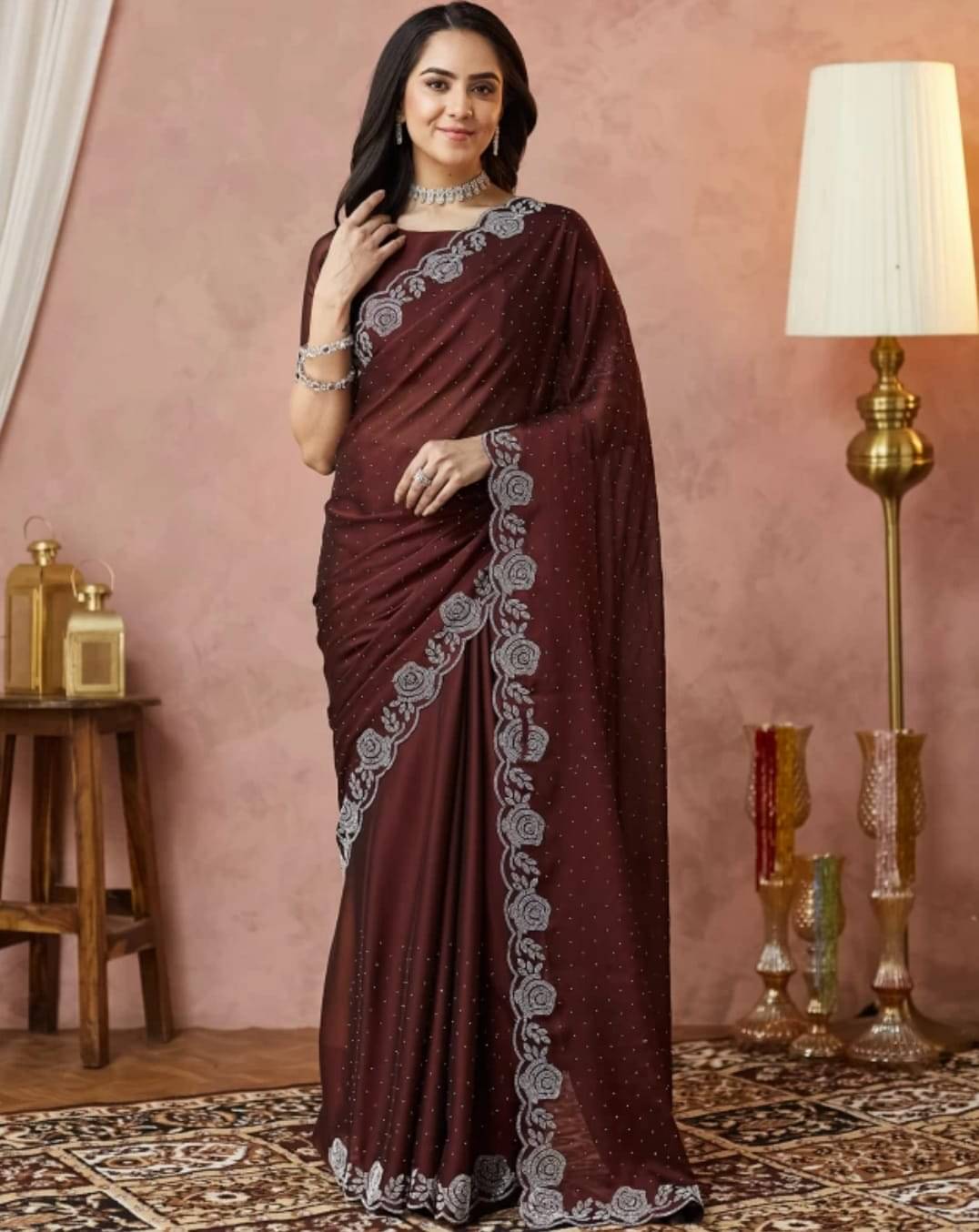 MAYRAAFASHION Georgette Embellished Saree With Unstitched Blouse Piece ( Coffee ) MAYRAAFASHION Georgette Embellished Saree With Unstitched Blouse Piece ( Coffee )