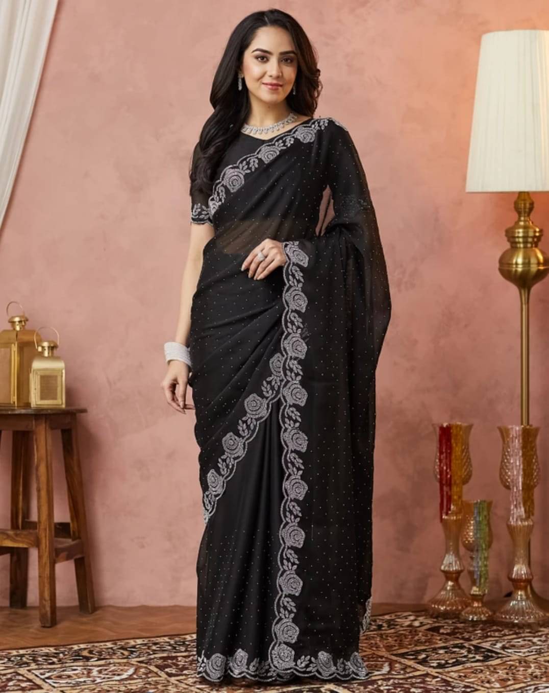 MAYRAAFASHION Georgette Embellished Saree With Unstitched Blouse Piece ( Black ) MAYRAAFASHION Georgette Embellished Saree With Unstitched Blouse Piece ( Black )