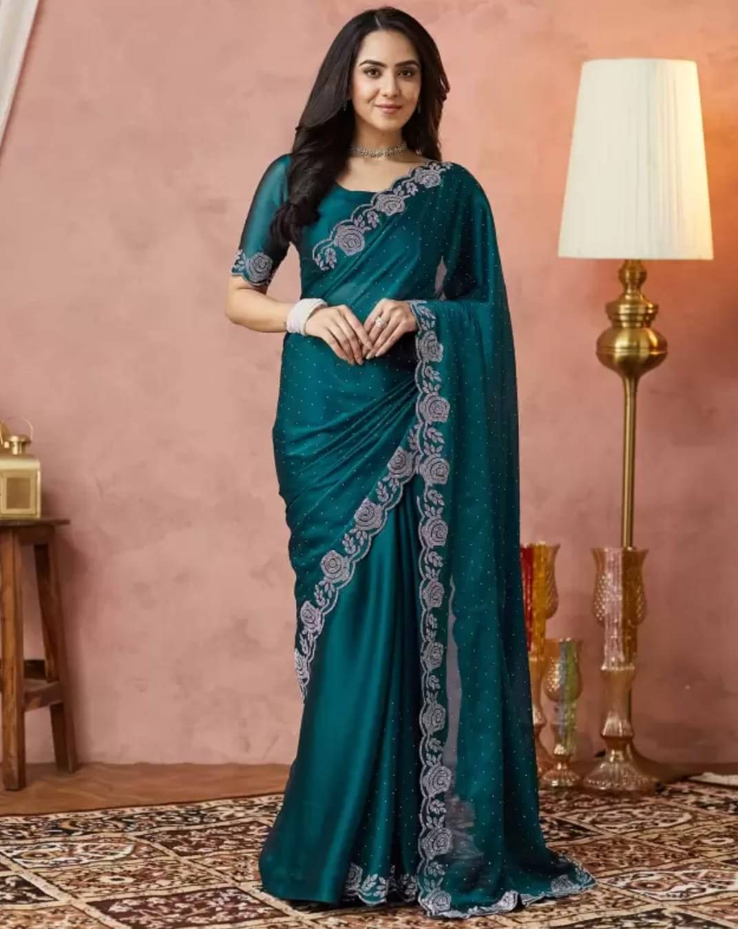 MAYRAAFASHION Georgette Embellished Saree With Unstitched Blouse Piece ( Teal ) MAYRAAFASHION Georgette Embellished Saree With Unstitched Blouse Piece ( Teal )