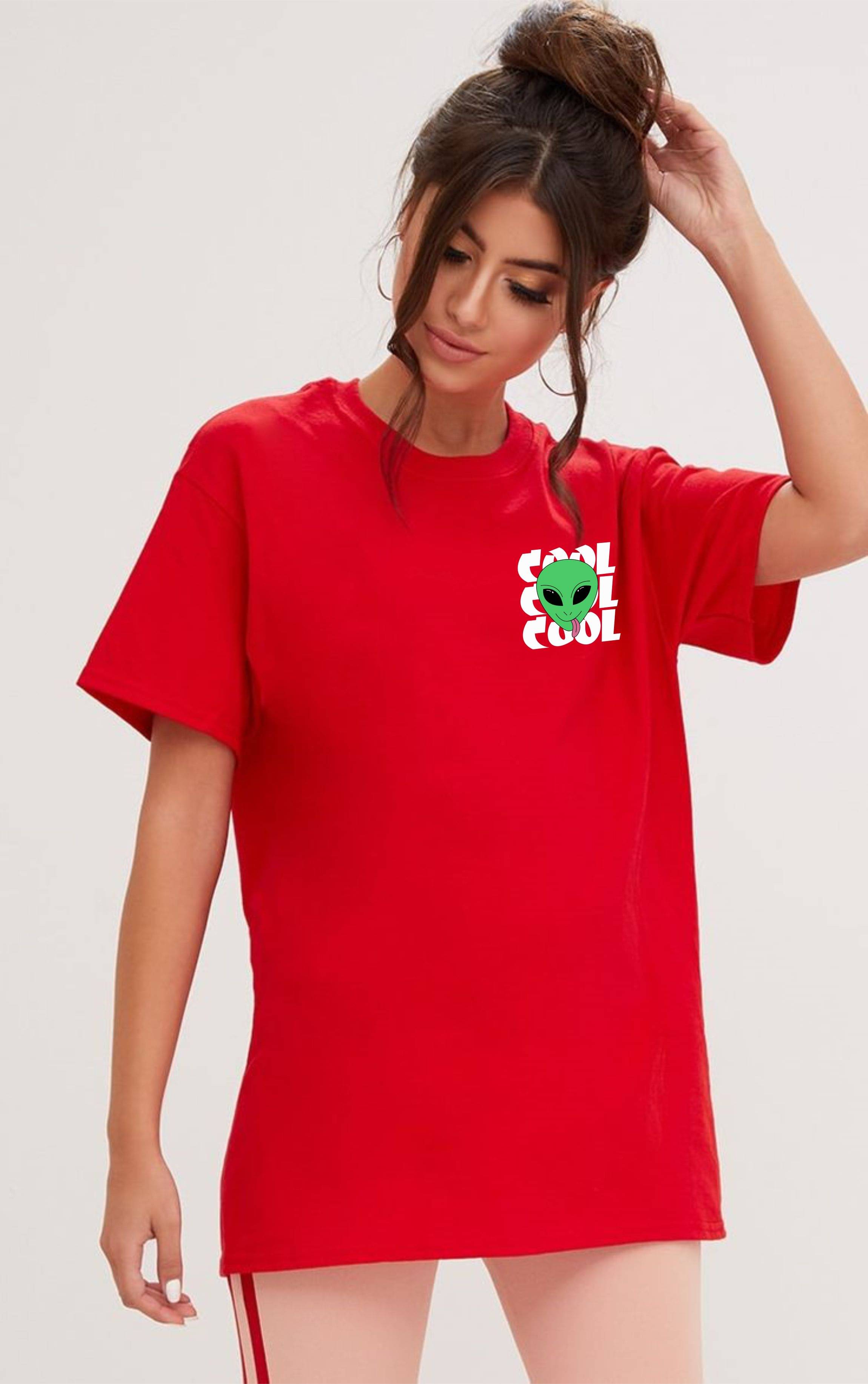 MYARA Women Cotton Printed Oversized Fit Round Neck T-Shirt ( Red ) MYARA Women Cotton Printed Oversized Fit Round Neck T-Shirt ( Red )