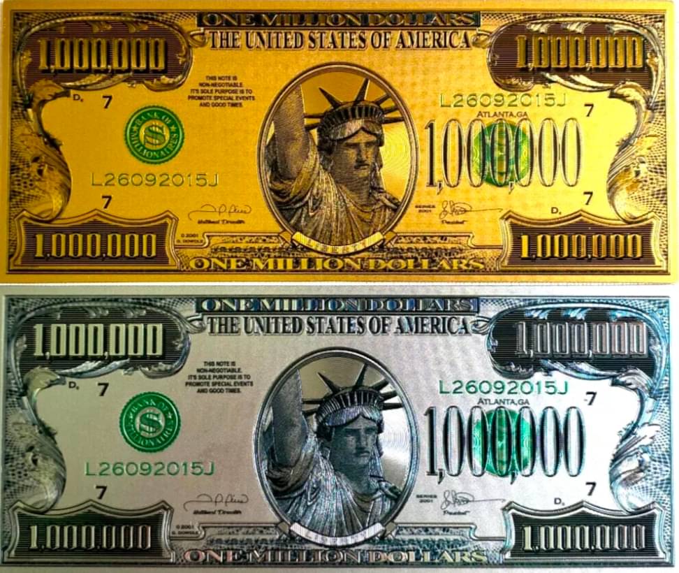     			New Collection 24K Gold Plated Set of 2 Gold & Silver Foil USA One Million Dollars Bill Beautiful Gift & Collectible