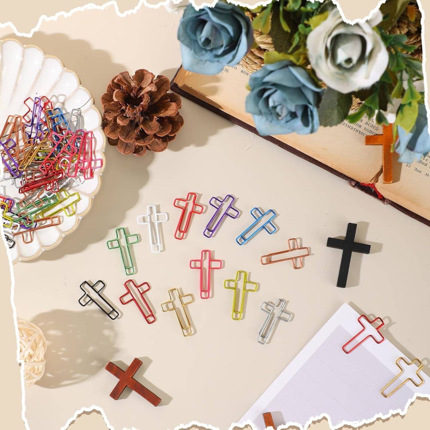     			10 Pcs Cross Paper Clips 1.34 x 0.8 Inches Multicolored Christian Cross Paper Clips for Christian Bookmark Study Gifts