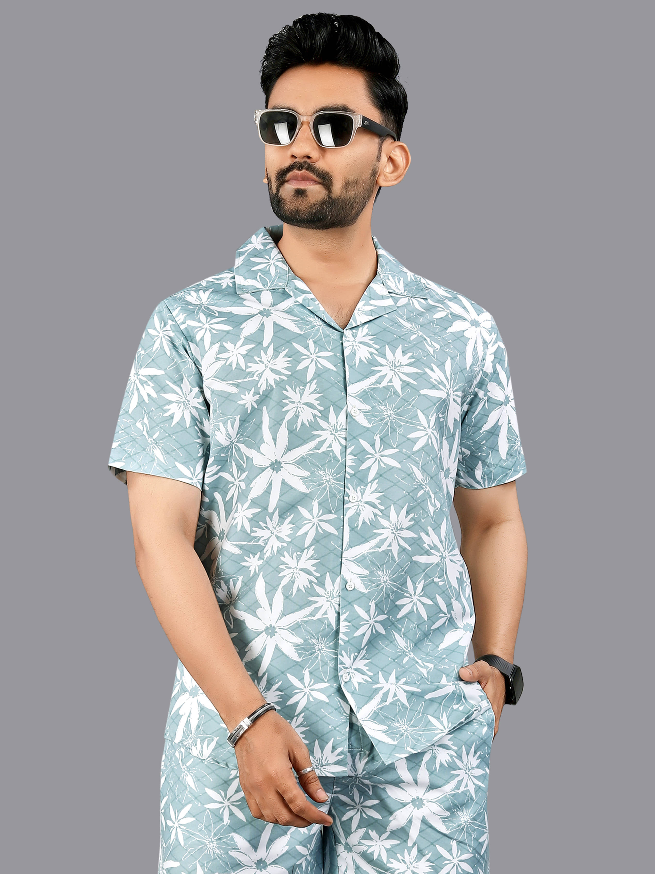FTX Cotton Blend Regular Fit Printed Half Sleeves Men's Casual Shirt - Light Blue ( Pack of 1 )