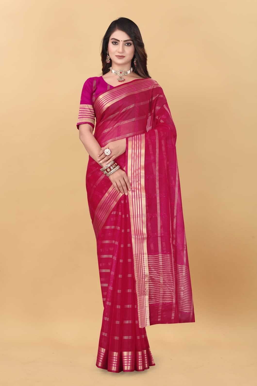 GSAREEJII Organza Striped Saree With Unstitched Blouse Piece ( Rani ) GSAREEJII Organza Striped Saree With Unstitched Blouse Piece ( Rani )