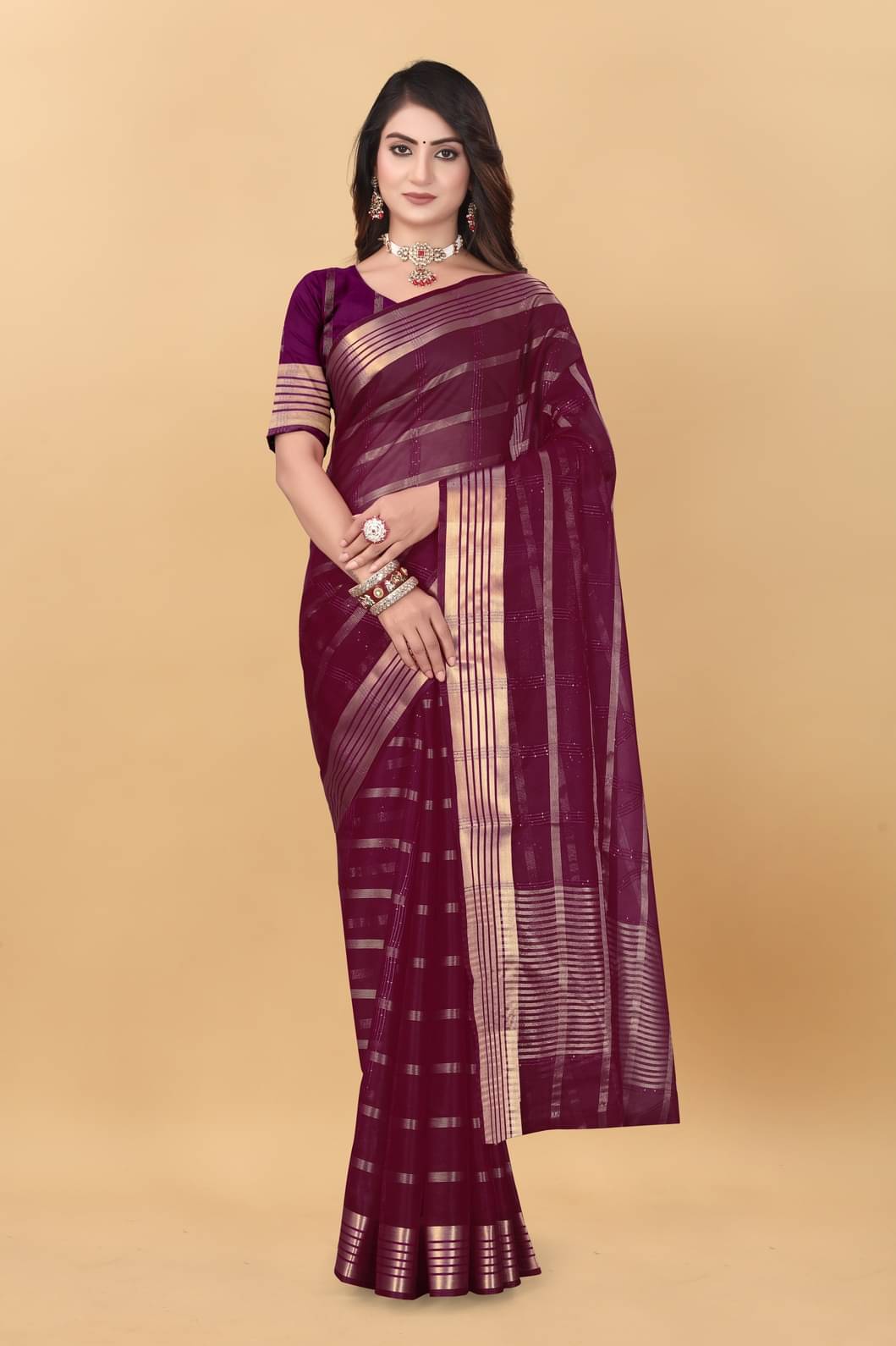     			GSAREEJII Organza Striped Saree With Unstitched Blouse Piece ( Maroon )