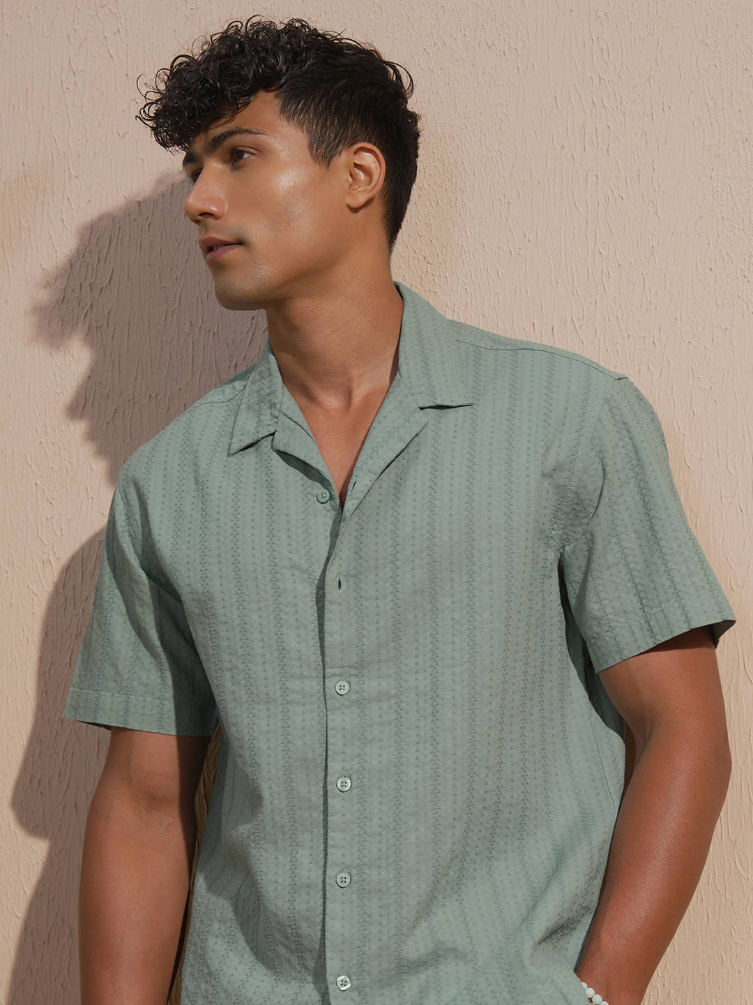     			Highlander 100% Cotton Oversized Fit Self Design Half Sleeves Men's Casual Shirt - Light Green ( Pack of 1 )