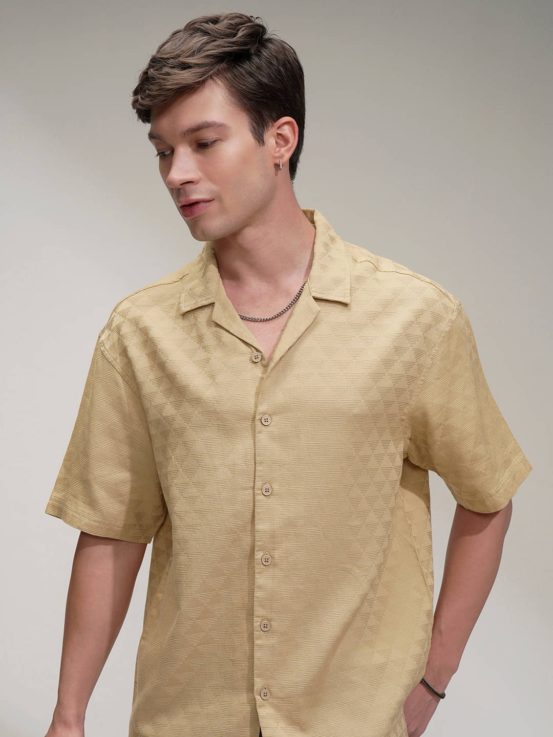 Highlander 100% Cotton Oversized Fit Self Design Half Sleeves Men's Casual Shirt - Beige ( Pack of 1 )     			Highlander 100% Cotton Oversized Fit Self Design Half Sleeves Men's Casual Shirt - Beige ( Pack of 1 )