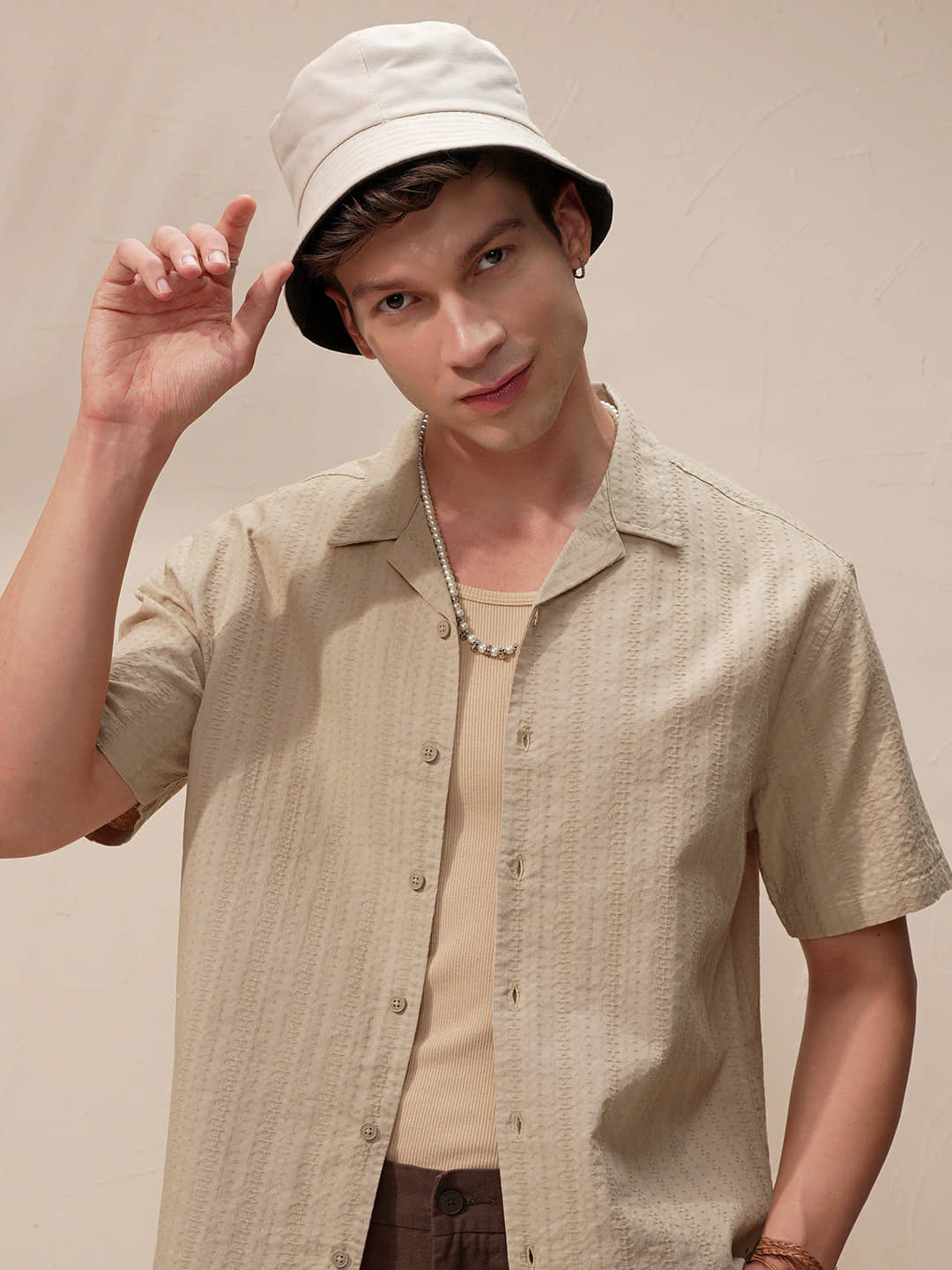 Highlander 100% Cotton Boxy Striped Half Sleeves Men's Casual Shirt - Beige ( Pack of 1 )