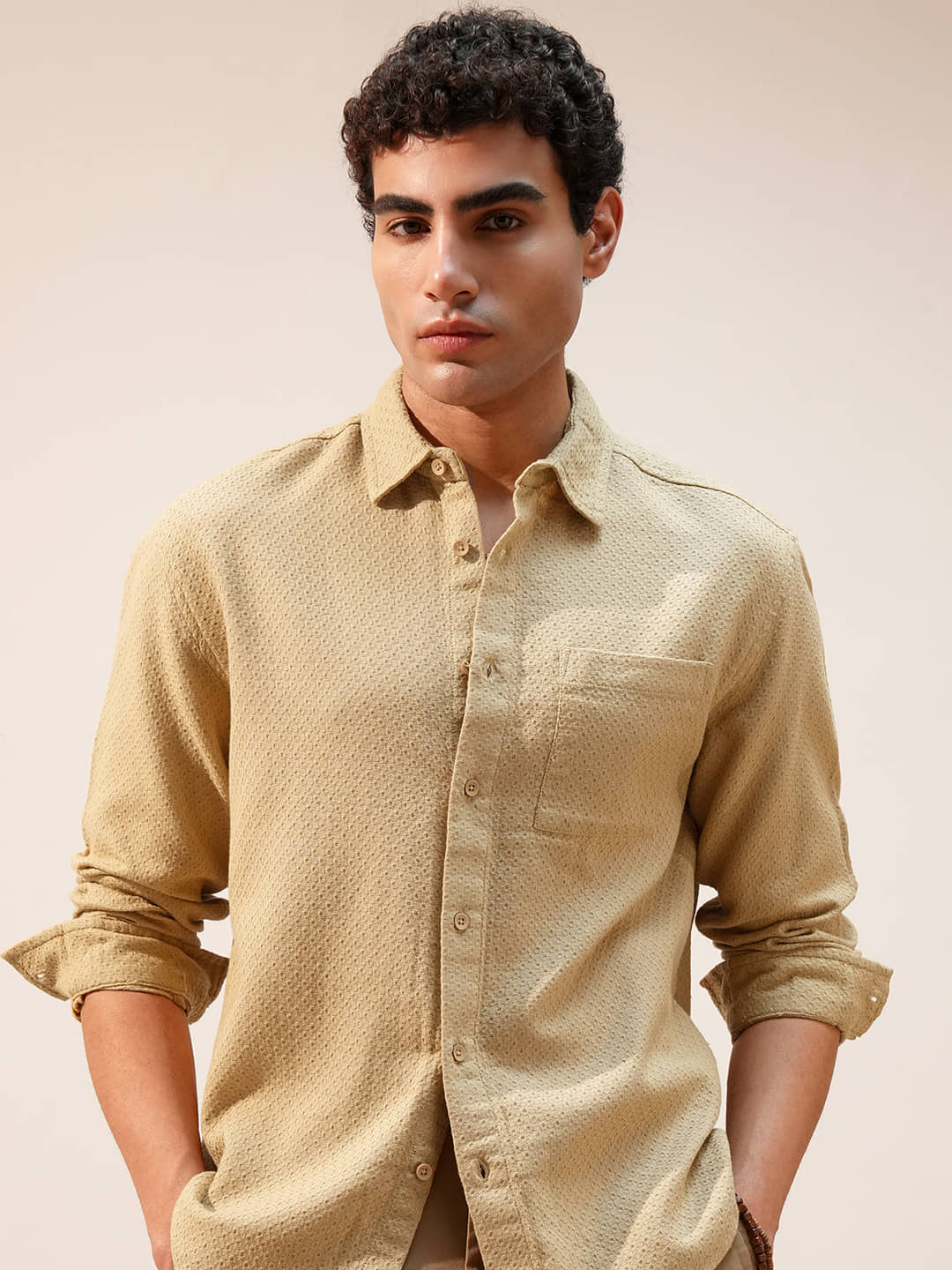 Highlander 100% Cotton Relaxed Fit Self Design Full Sleeves Men's Casual Shirt - Gold ( Pack of 1 )