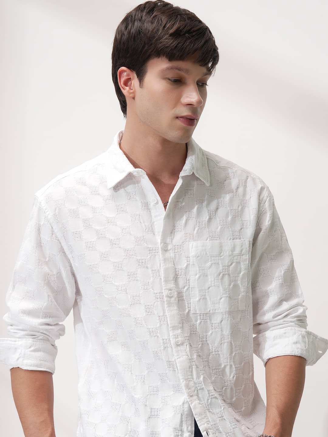 Highlander 100% Cotton Relaxed Fit Self Design Full Sleeves Men's Casual Shirt - White ( Pack of 1 )