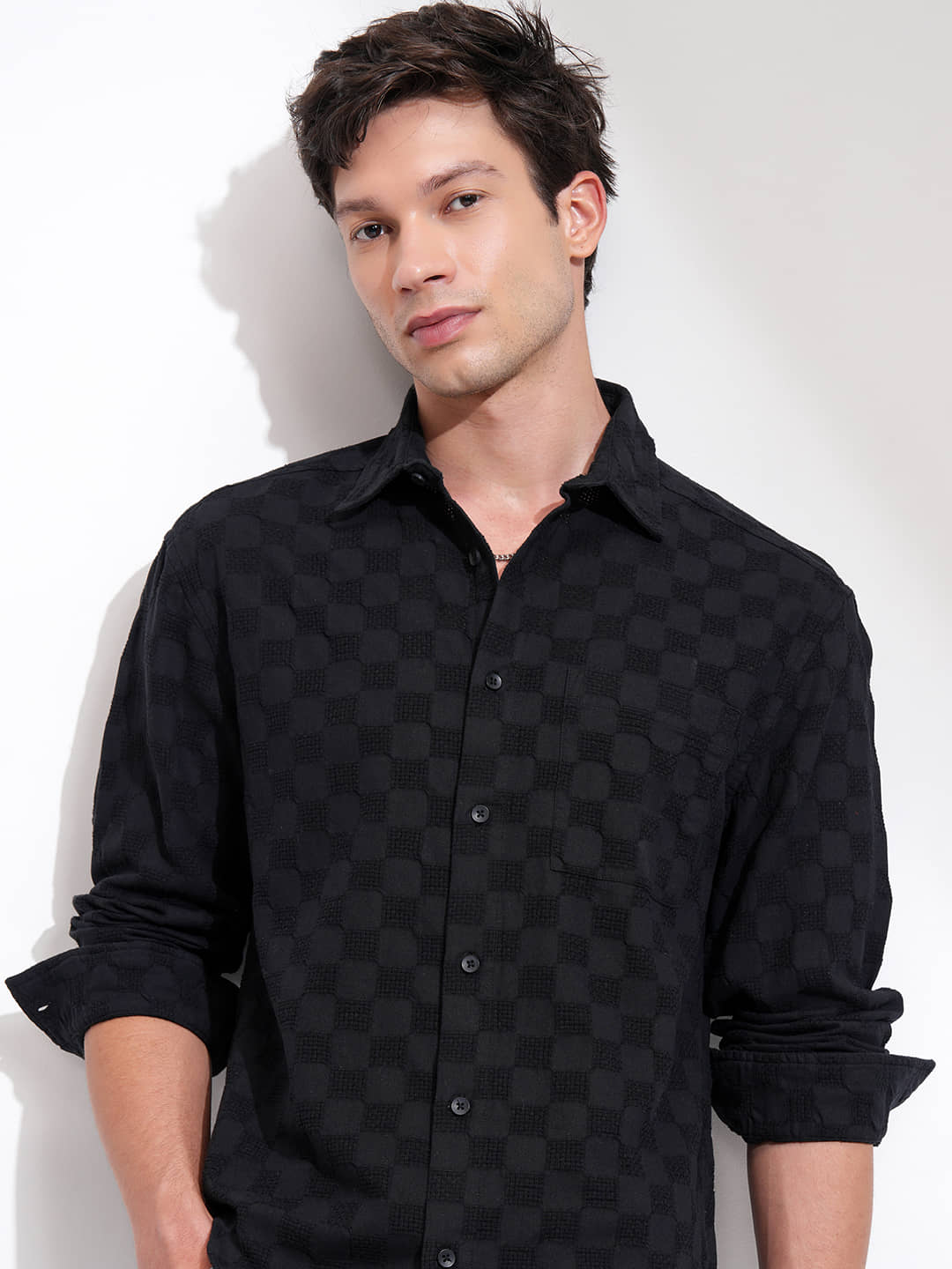 Highlander 100% Cotton Relaxed Fit Self Design Full Sleeves Men's Casual Shirt - Black ( Pack of 1 )