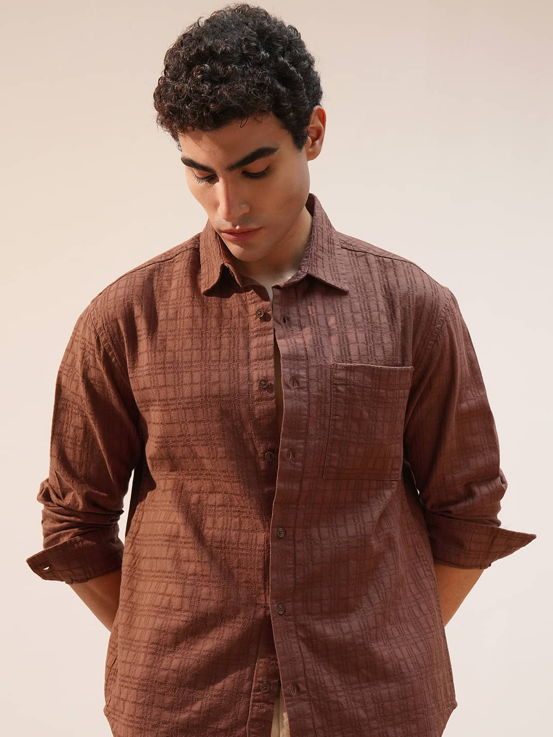     			Highlander 100% Cotton Relaxed Fit Self Design Full Sleeves Men's Casual Shirt - Brown ( Pack of 1 )