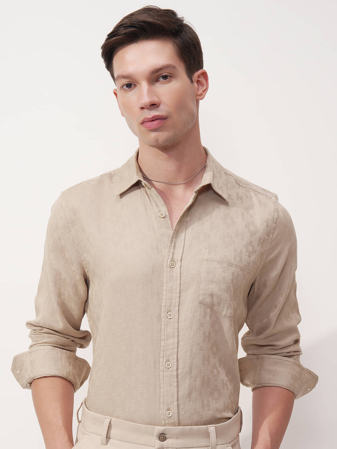Highlander 100% Cotton Slim Fit Self Design Full Sleeves Men's Casual Shirt - Beige ( Pack of 1 )     			Highlander 100% Cotton Slim Fit Self Design Full Sleeves Men's Casual Shirt - Beige ( Pack of 1 )