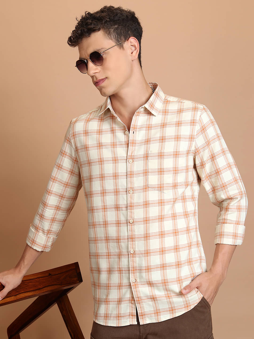 Highlander 100% Cotton Slim Fit Checks Full Sleeves Men's Casual Shirt - Yellow ( Pack of 1 )