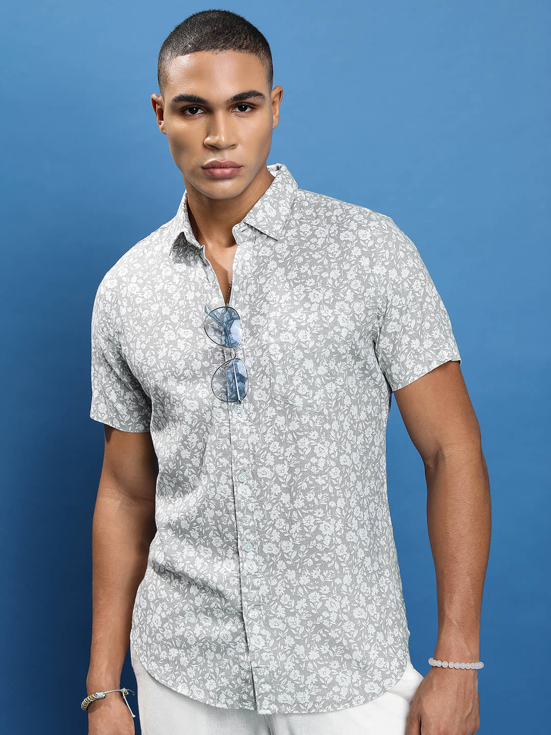 Highlander 100% Cotton Slim Fit Printed Half Sleeves Men's Casual Shirt - Grey ( Pack of 1 )